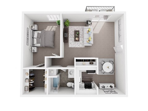A 3D floor plan of a small apartment with a kitchen, living room, and bedroom.